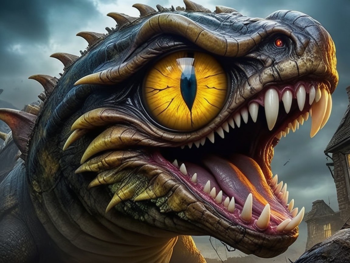 Fierce Dragon Creature with Colorful Eye and Dark Scales
