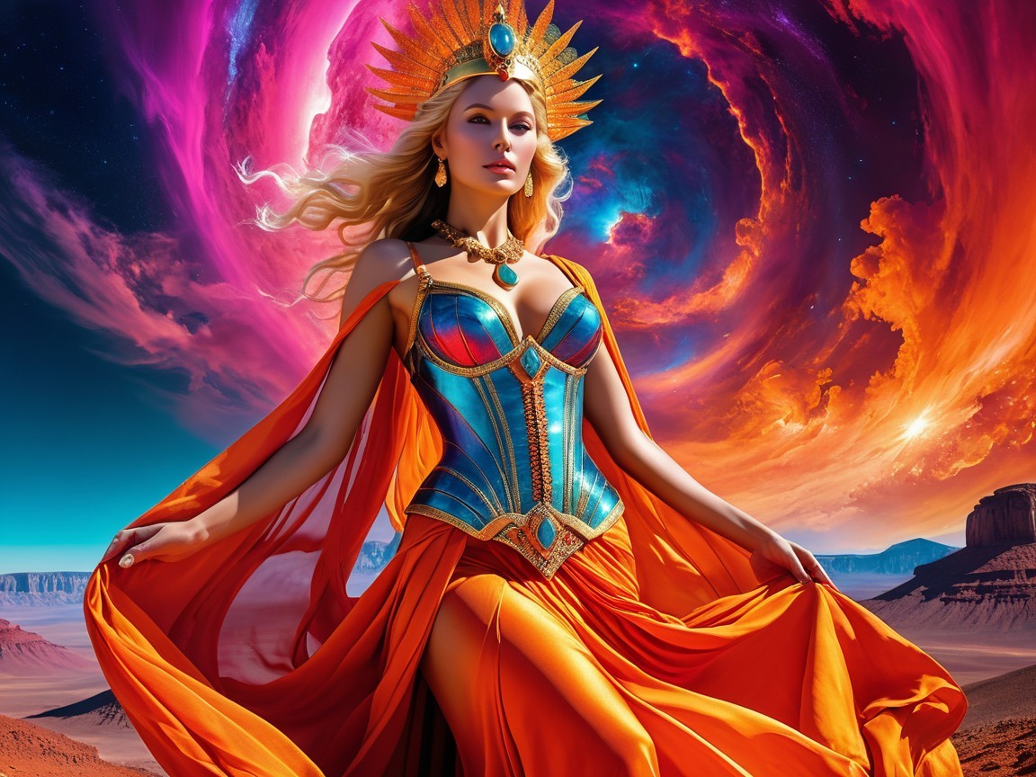 Majestic Figure in Cosmic Landscape with Vibrant Colors