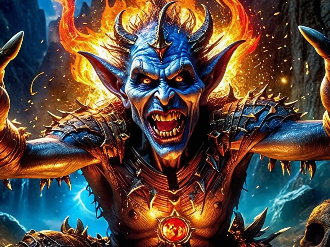 Fierce Blue-Skinned Demon in a Dark Landscape