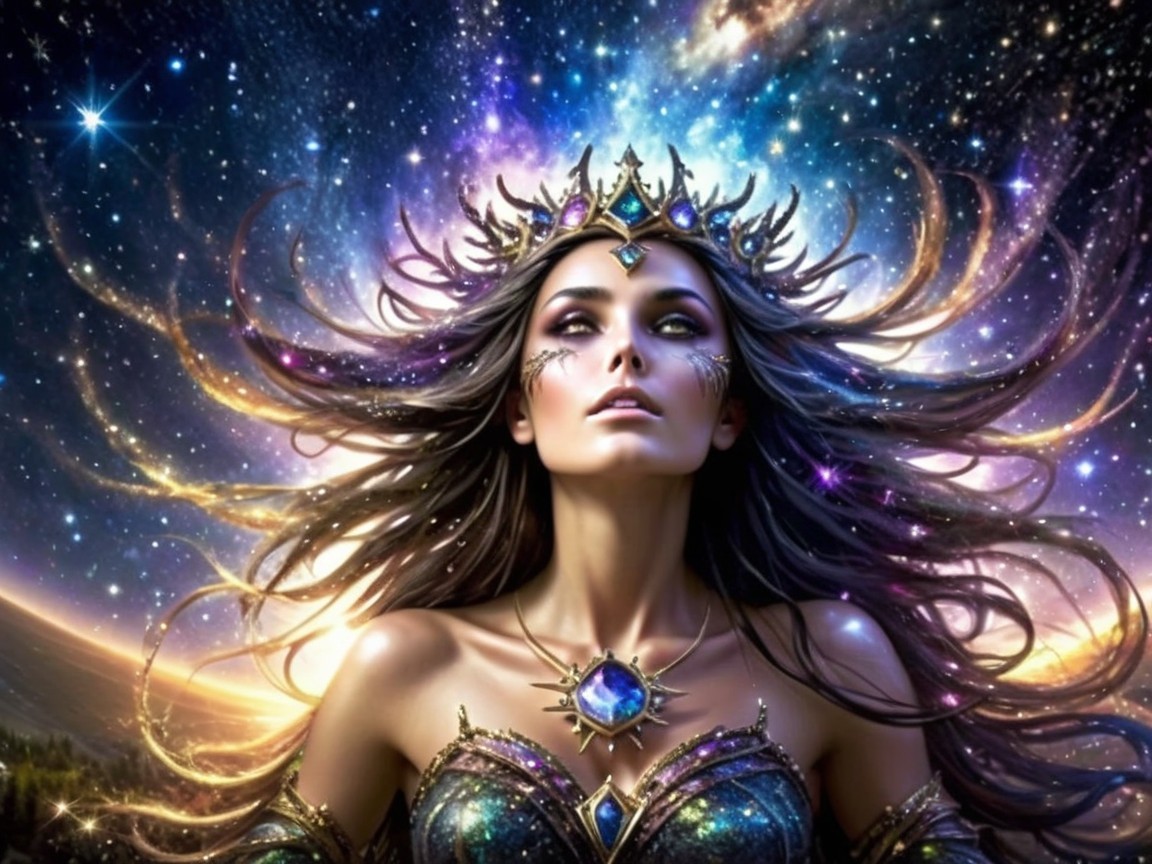 Mystical Female Figure in Star-Filled Cosmos