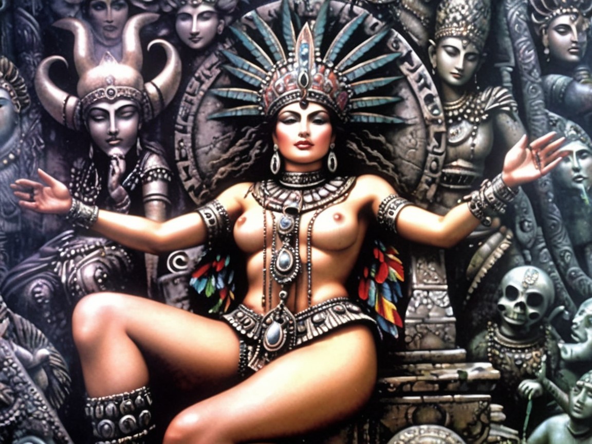 Vibrant Figure in Cultural Regalia with Deities