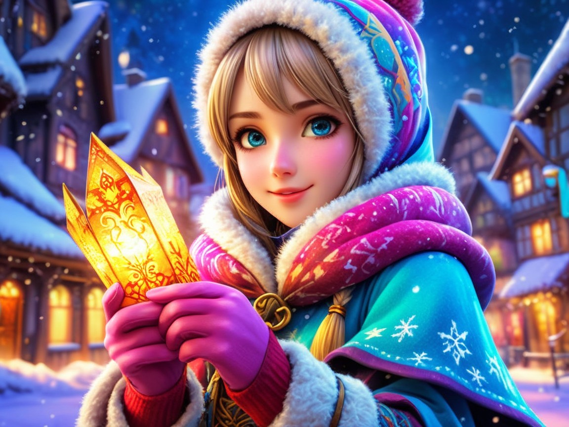 Young girl with lantern in snowy village setting