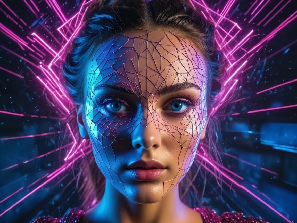 Futuristic Portrait of a Young Woman with Neon Patterns