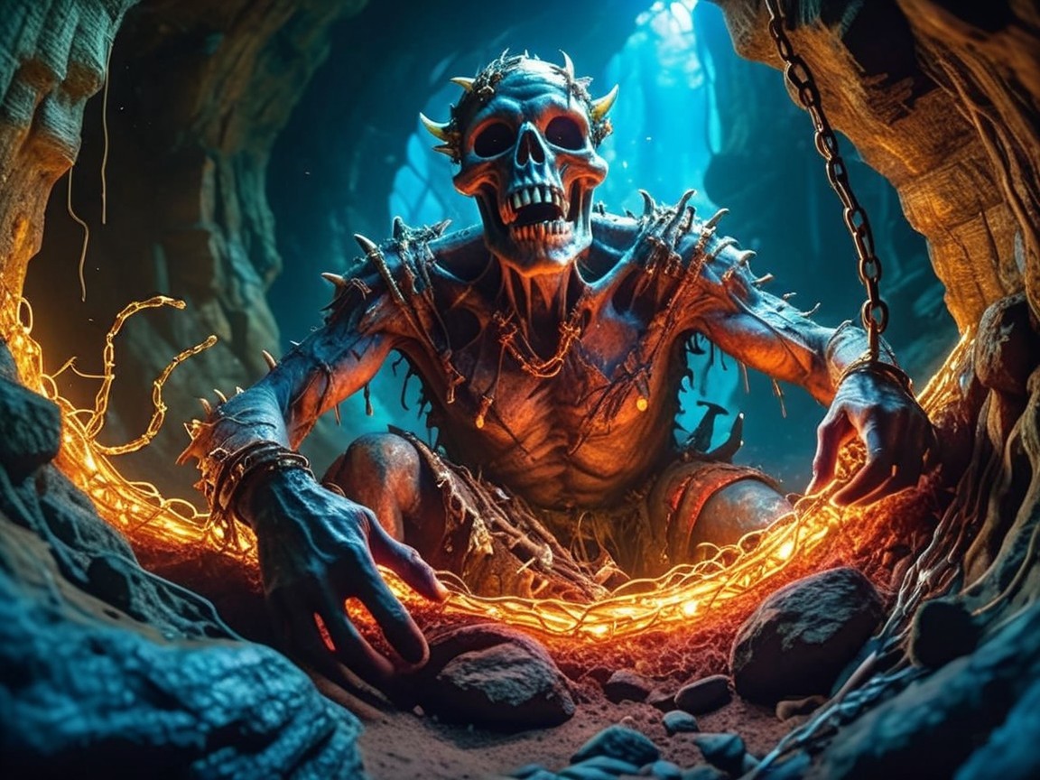 Skeletal Figure with Blue Skin in Dim Cavern Setting