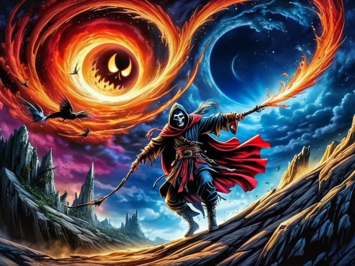 Cloaked Figure with Staff in Cosmic Landscape