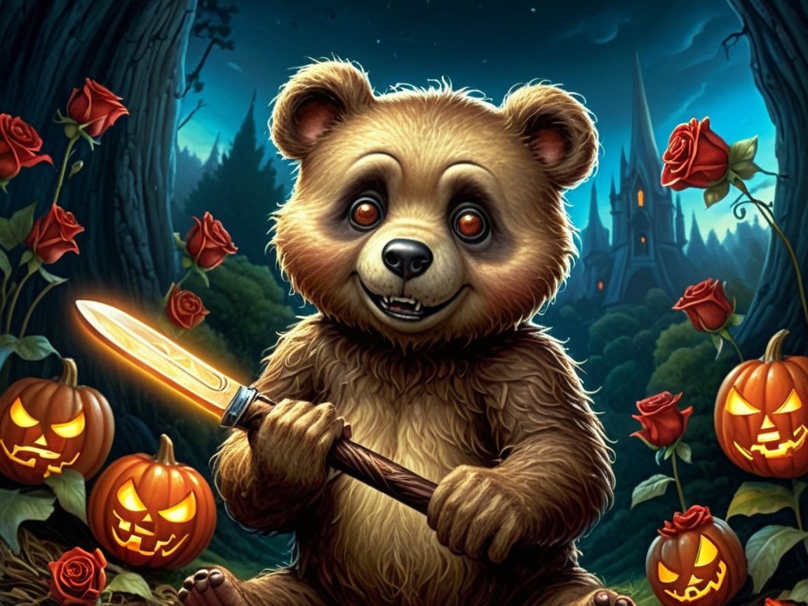 Cartoon Bear in Spooky Halloween Scene with Pumpkins