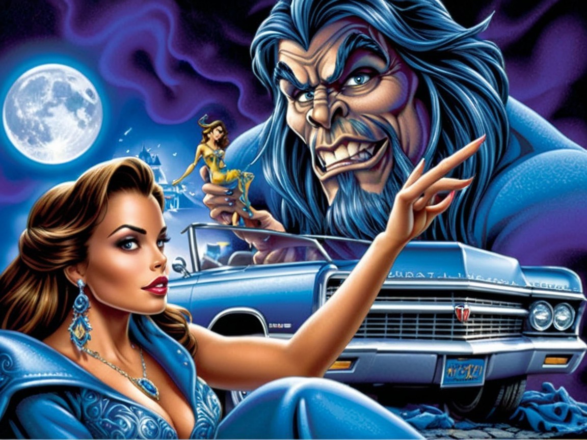 Glamorous Woman in Blue Gown with Sinister Figure