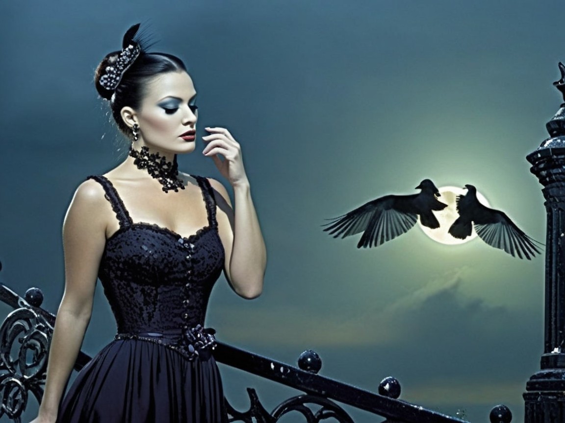 Elegant Woman in Black Dress on Staircase at Night