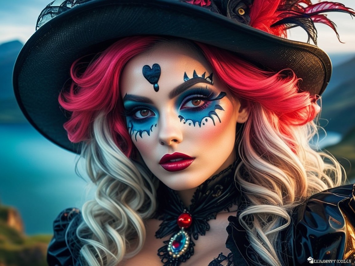 Portrait of a woman with vibrant hair and dramatic hat