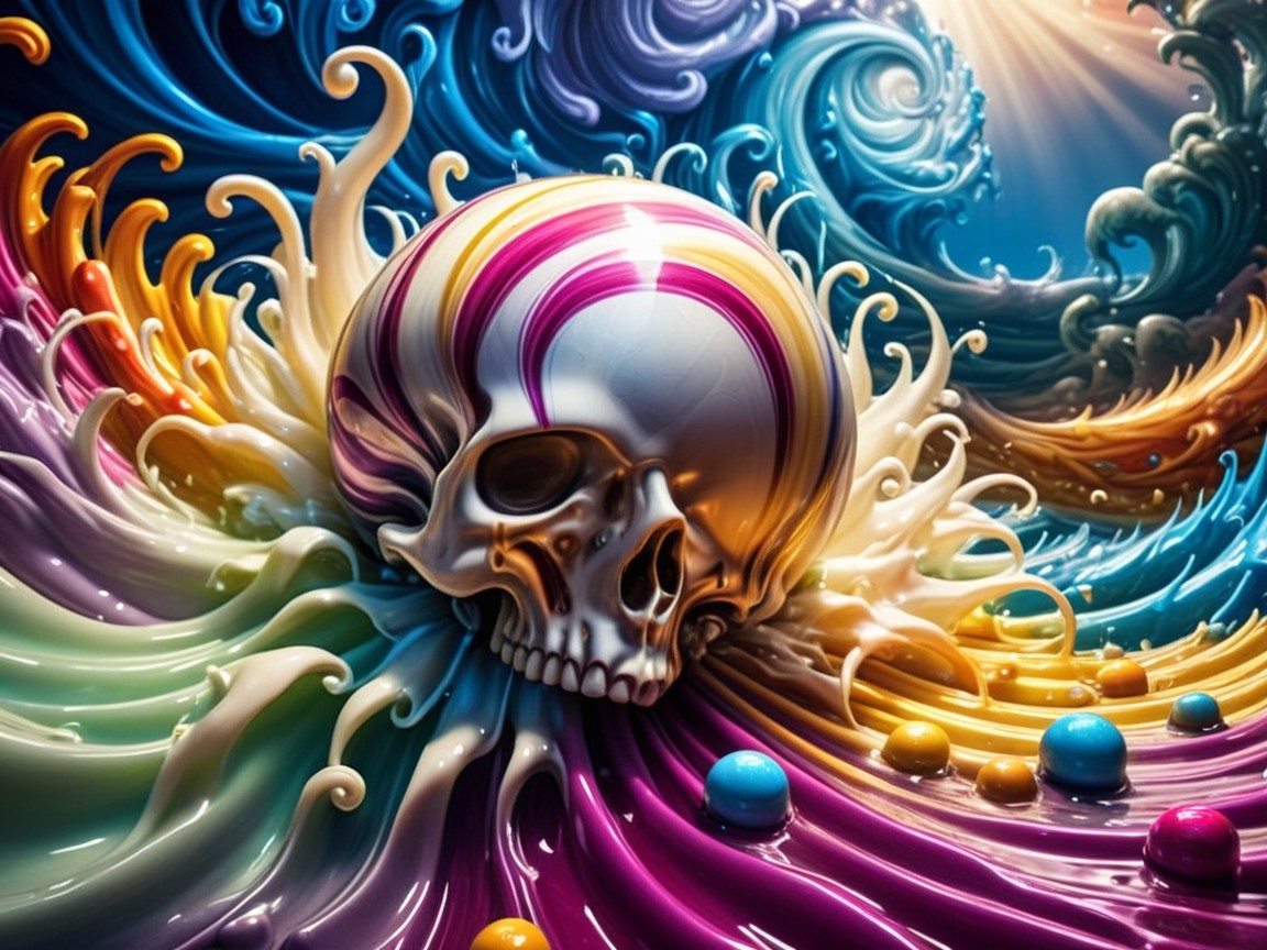 Colorful Wave Surrounding a Glossy Skull Design