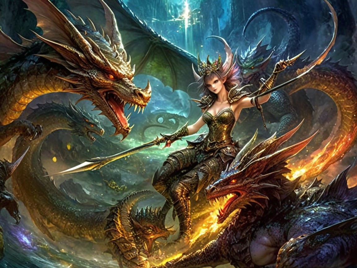 Warrior Queen in Battle with Dragons in Fantasy Scene
