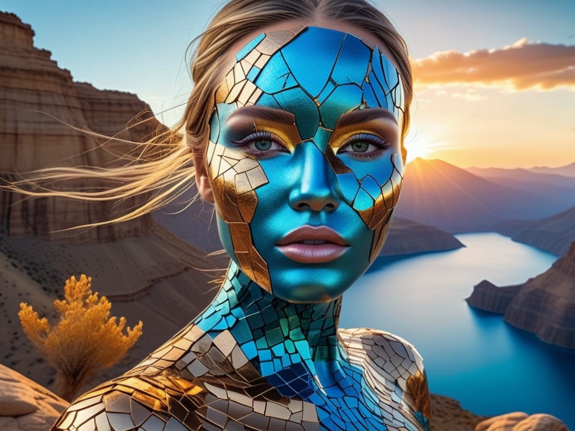 Mosaic Figure Against Sunset with Scenic Landscape