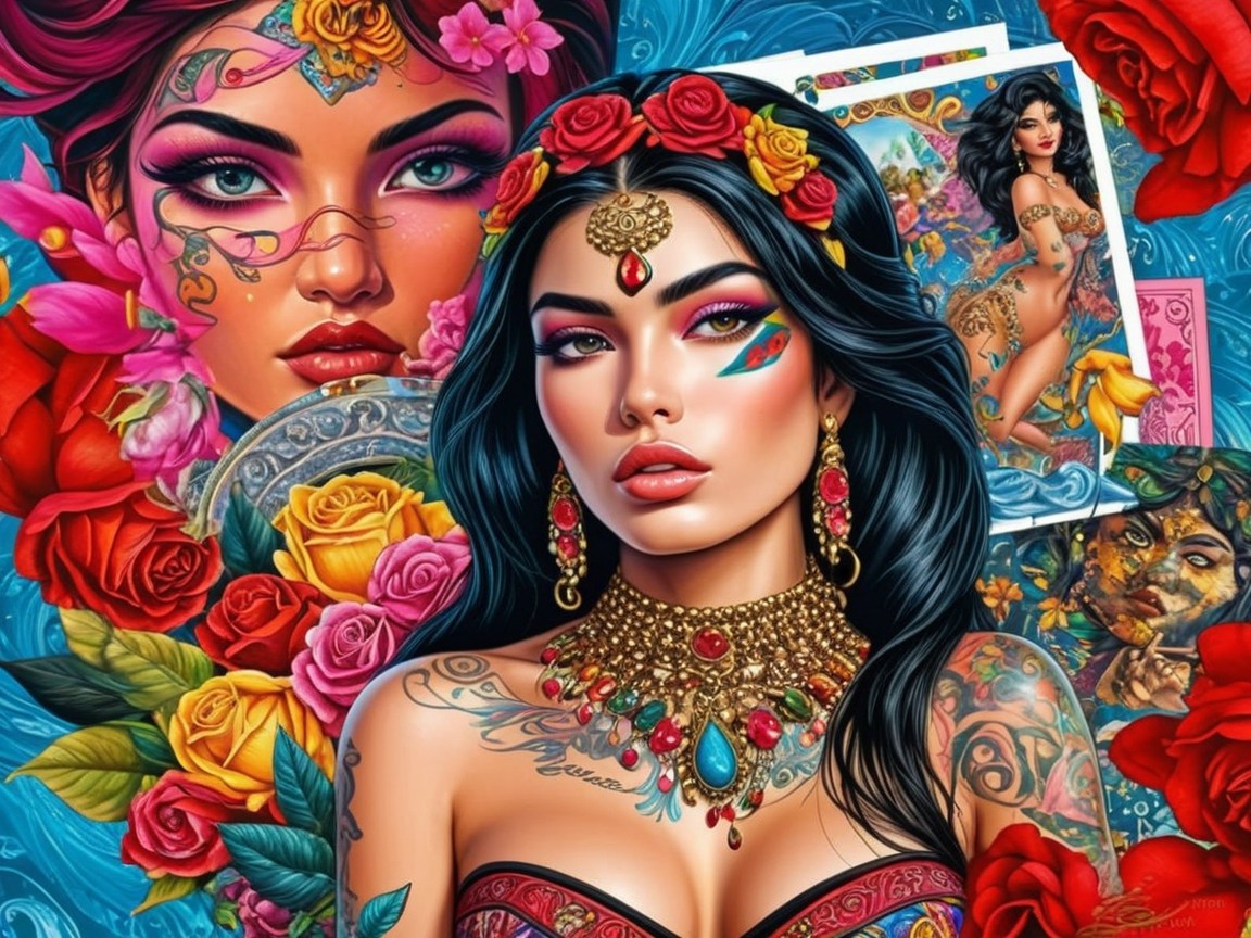 Colorful Composition of Woman with Tattoos and Jewelry