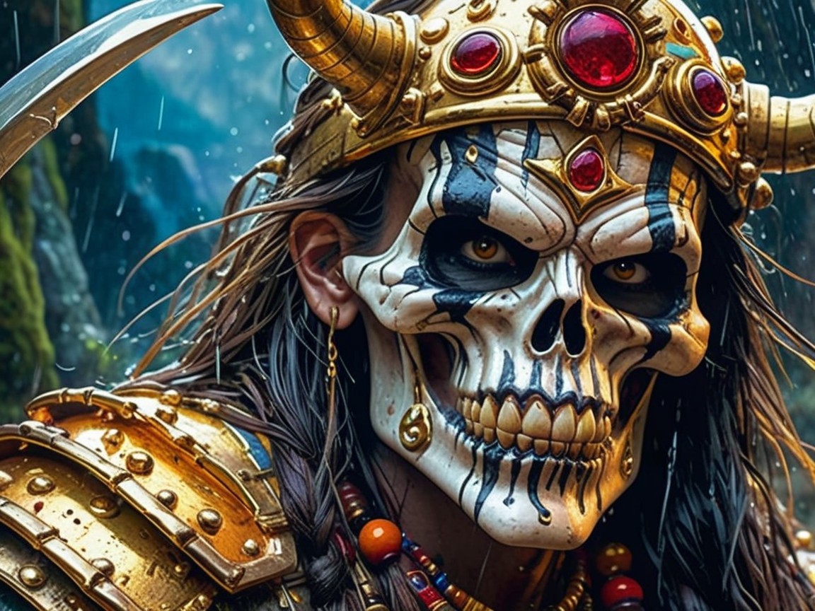 Fierce Character in Intricate Armor and Mystical Setting