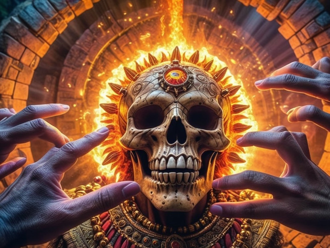 Stylized skull illuminated by flames in mystical scene