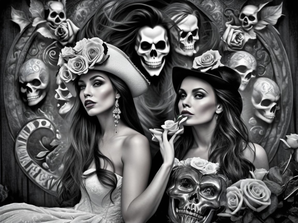 Elegant Women in Hats with Roses Against Skulls
