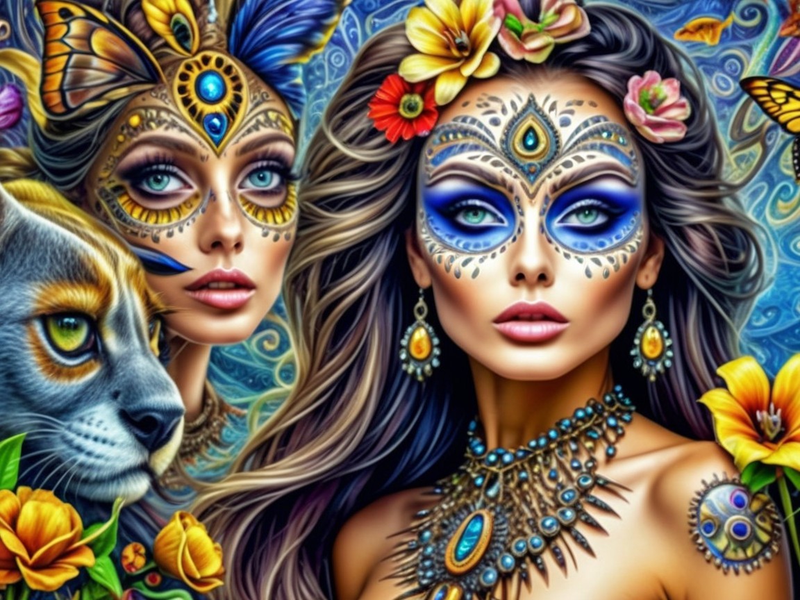 Women with Face Paint and Masks Surrounded by Nature