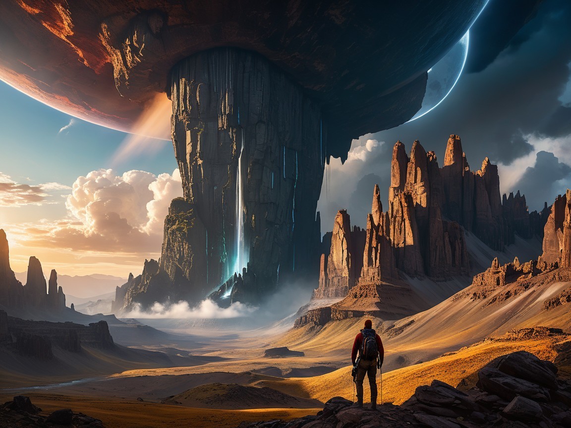 Lone Traveler in a Vast Alien Landscape with Celestial Body