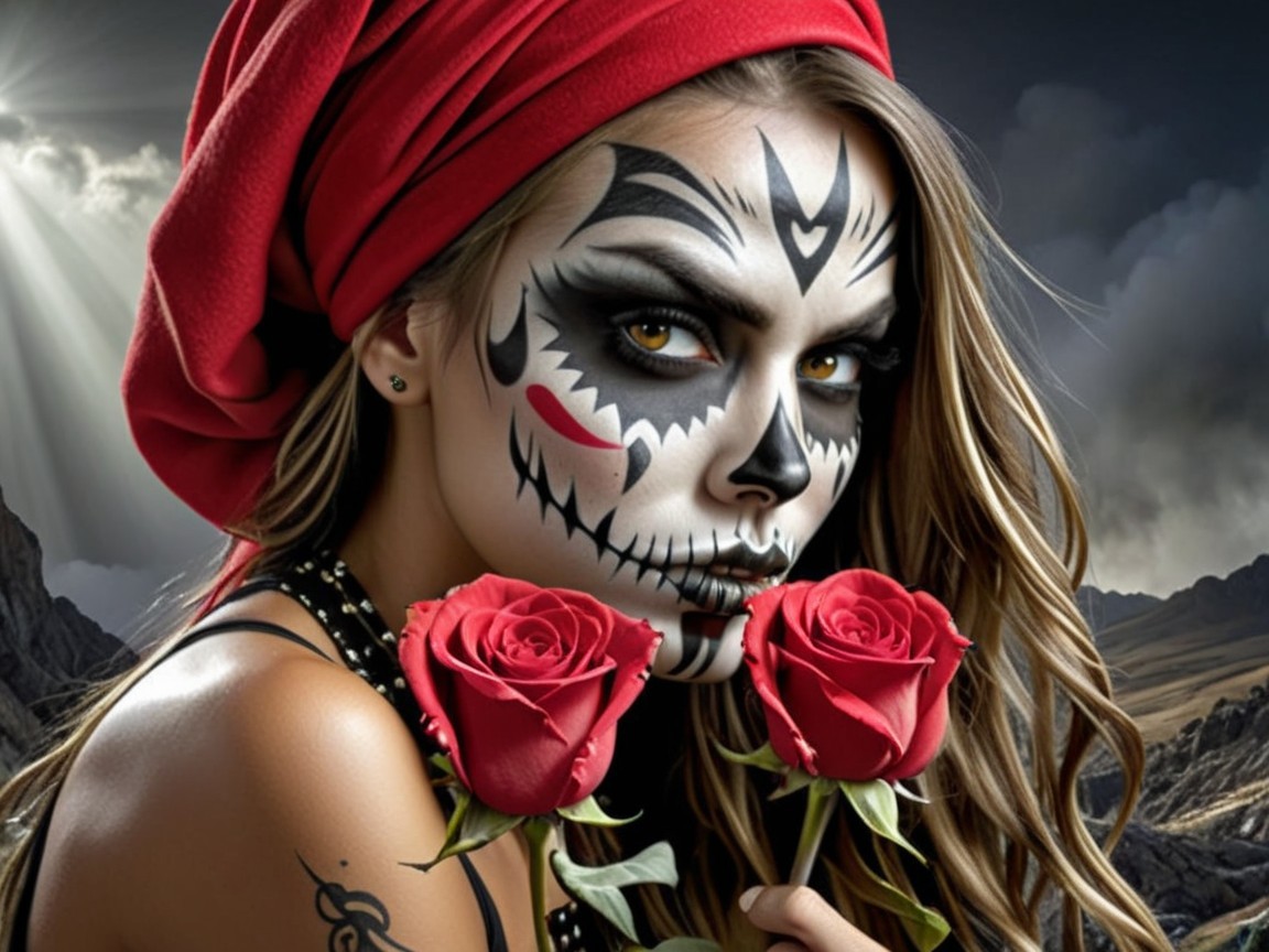 Portrait of Woman with Day of the Dead Makeup and Roses