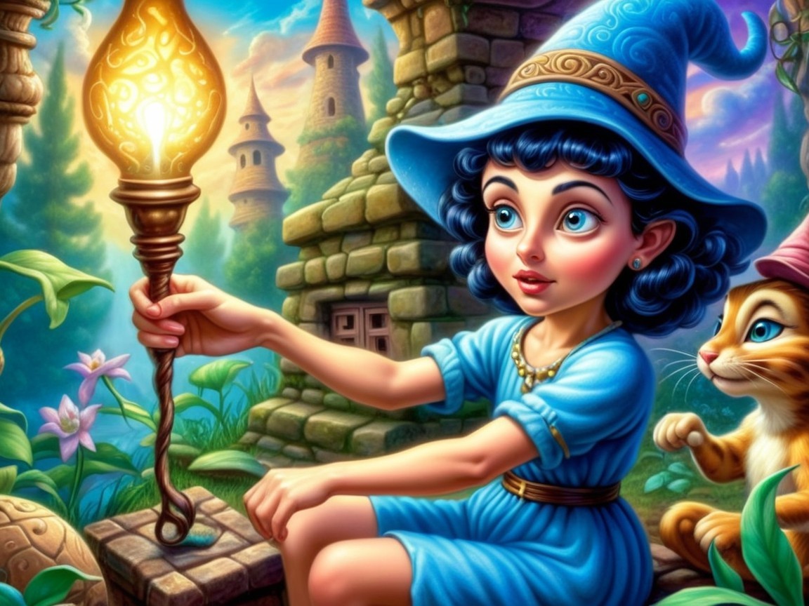 Young girl with blue hair in enchanted forest setting