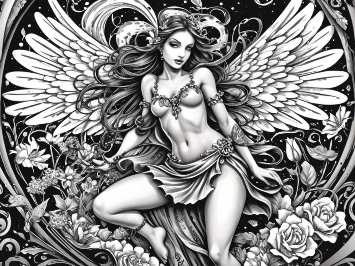 Mystical Woman with Wings in Black-and-White Art