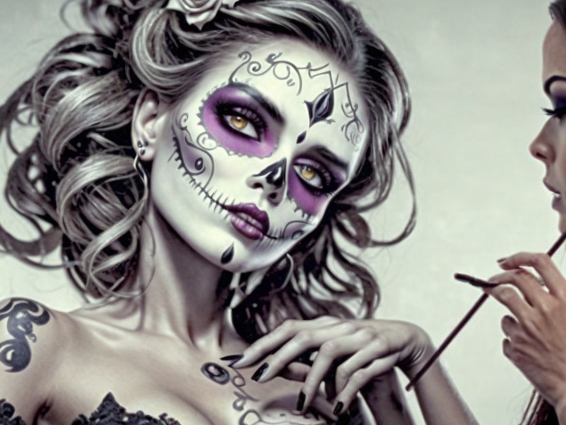 Woman with Sugar Skull Face Paint and Flower Hair