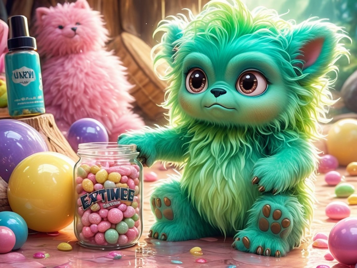 Whimsical Scene with Colorful Creatures and Candy