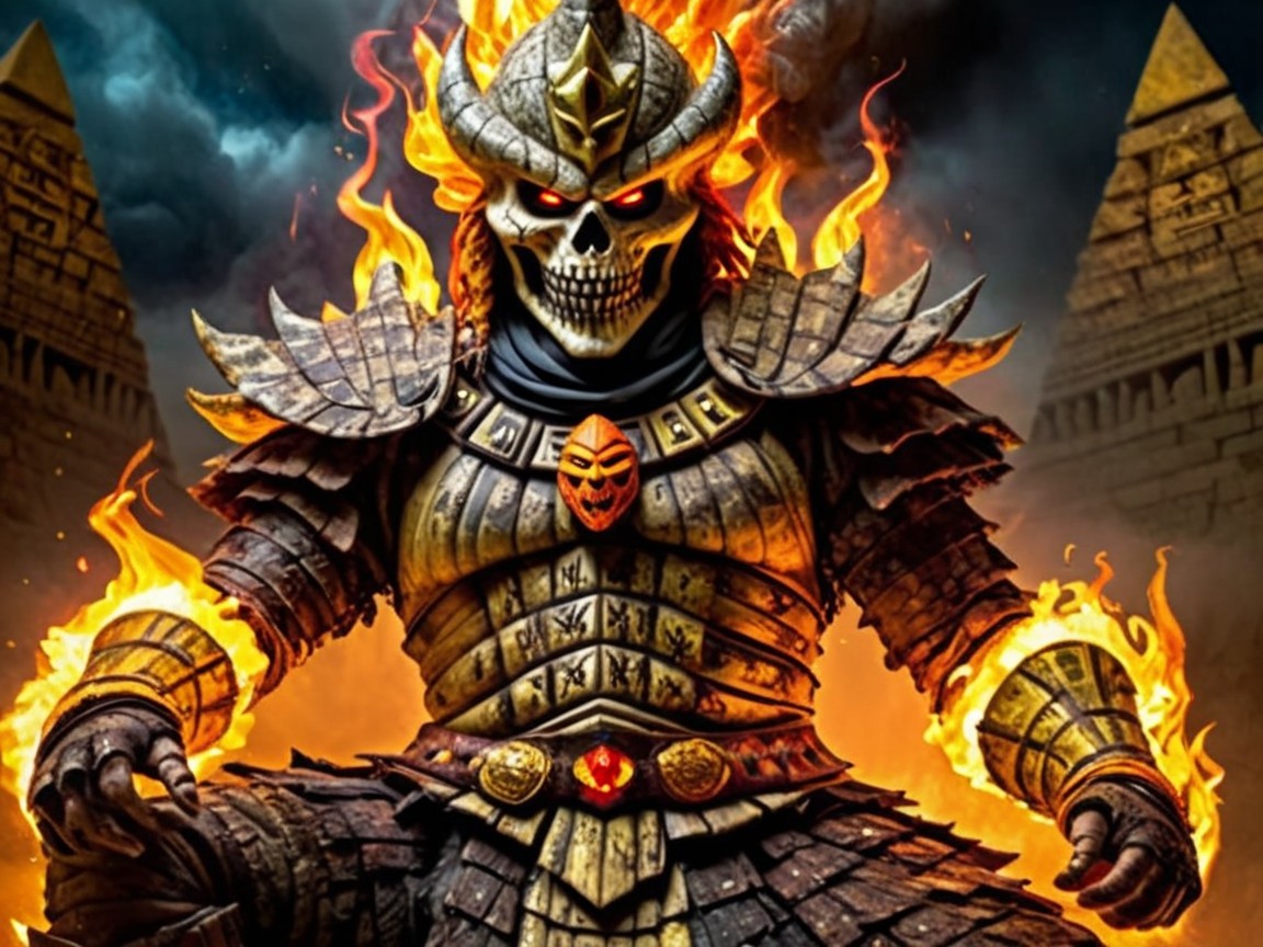 Menacing Figure in Fiery Armor Against Dark Backdrop