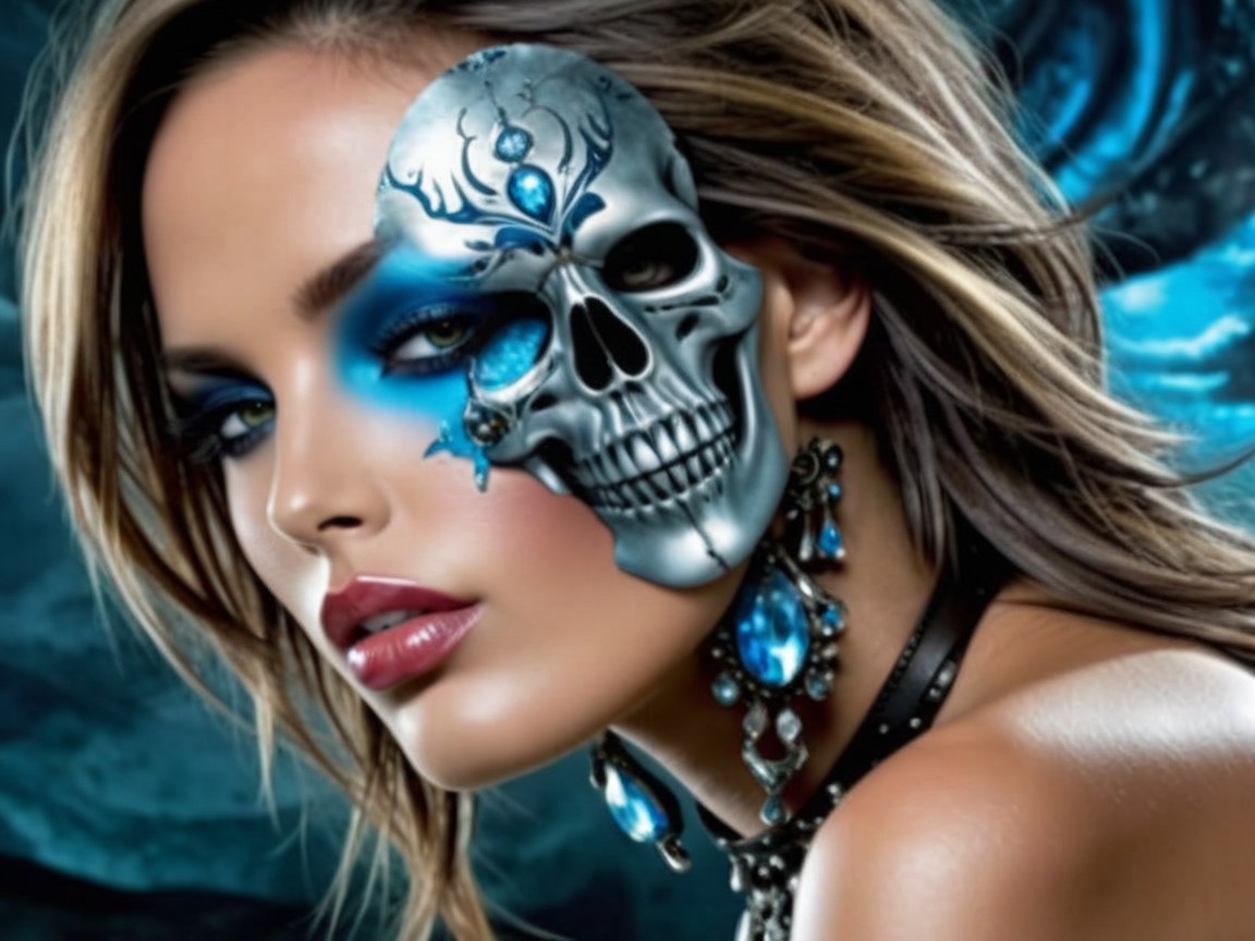 Portrait of a woman with bold blue makeup and skull design