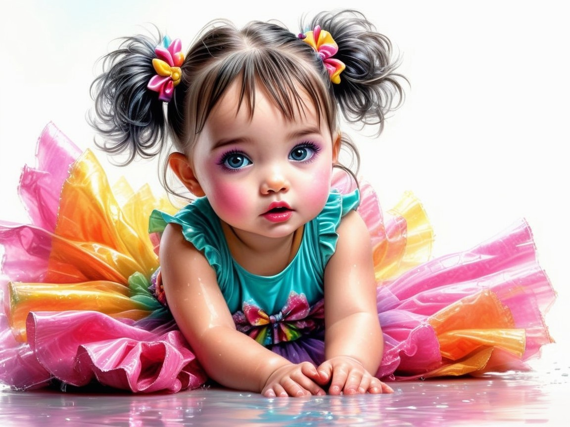 Joyful toddler in colorful tutu with expressive eyes