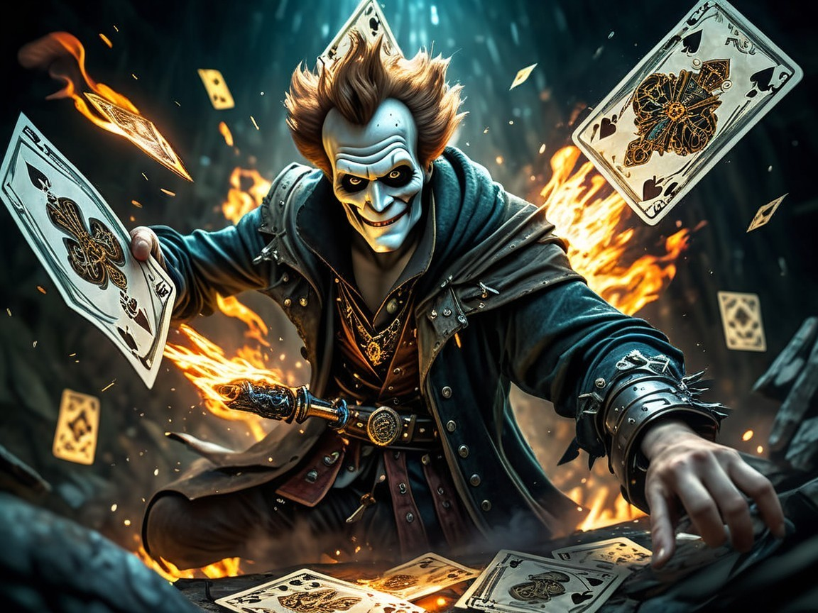 Mysterious figure in dark robes with flaming cards