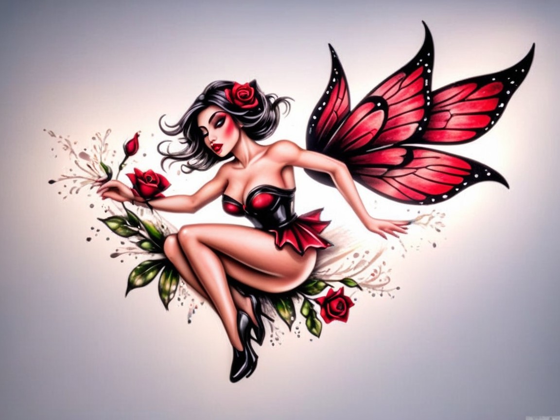 Whimsical fairy with red butterfly wings among roses