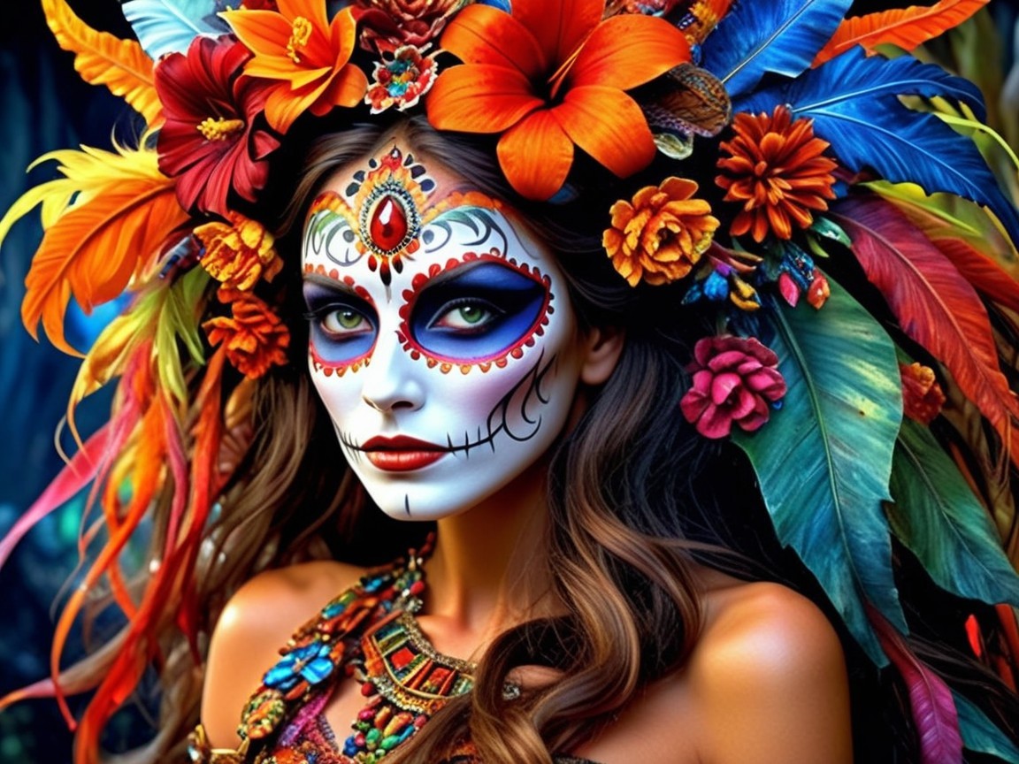 Woman in Colorful Flowers and Sugar Skull Face Paint