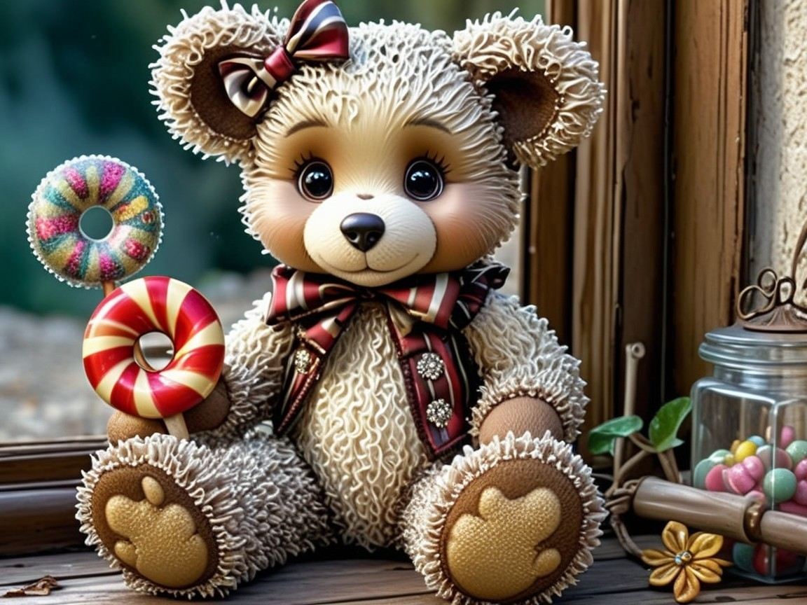 Fluffy teddy bear with lollipops on wooden table