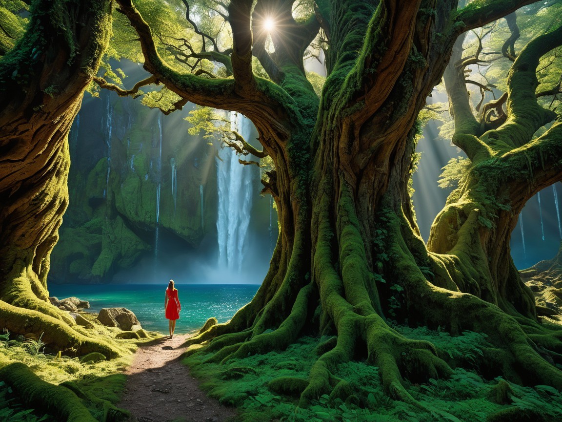 Lush Forest with Waterfalls and Sunlit Lake Scene