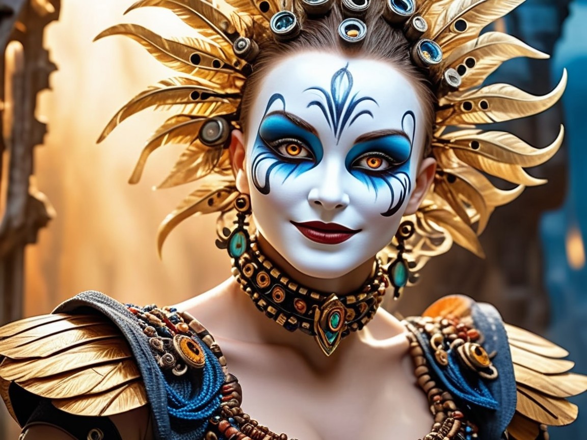Elaborate Costume with Golden Feathers and Jewelry