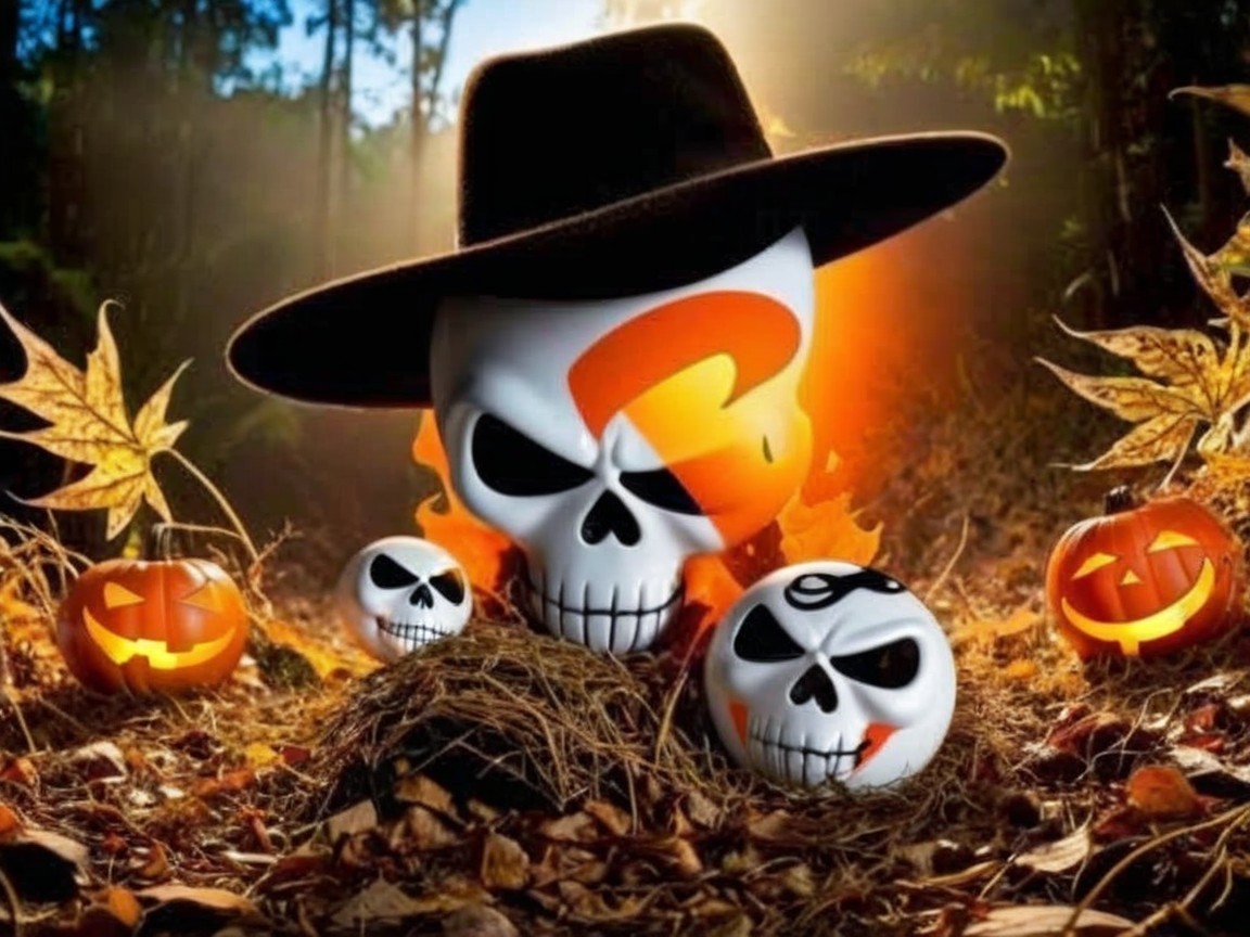 Festive Halloween Scene with Skulls and Pumpkins