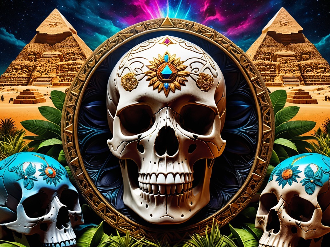 Surreal Skull Composition with Pyramids and Flowers