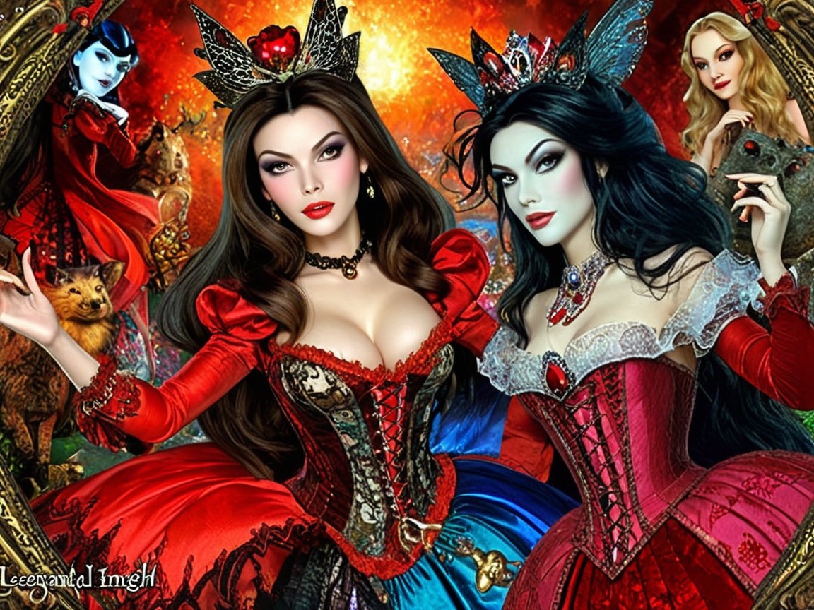 Elegantly Dressed Women in Red and Blue Gowns