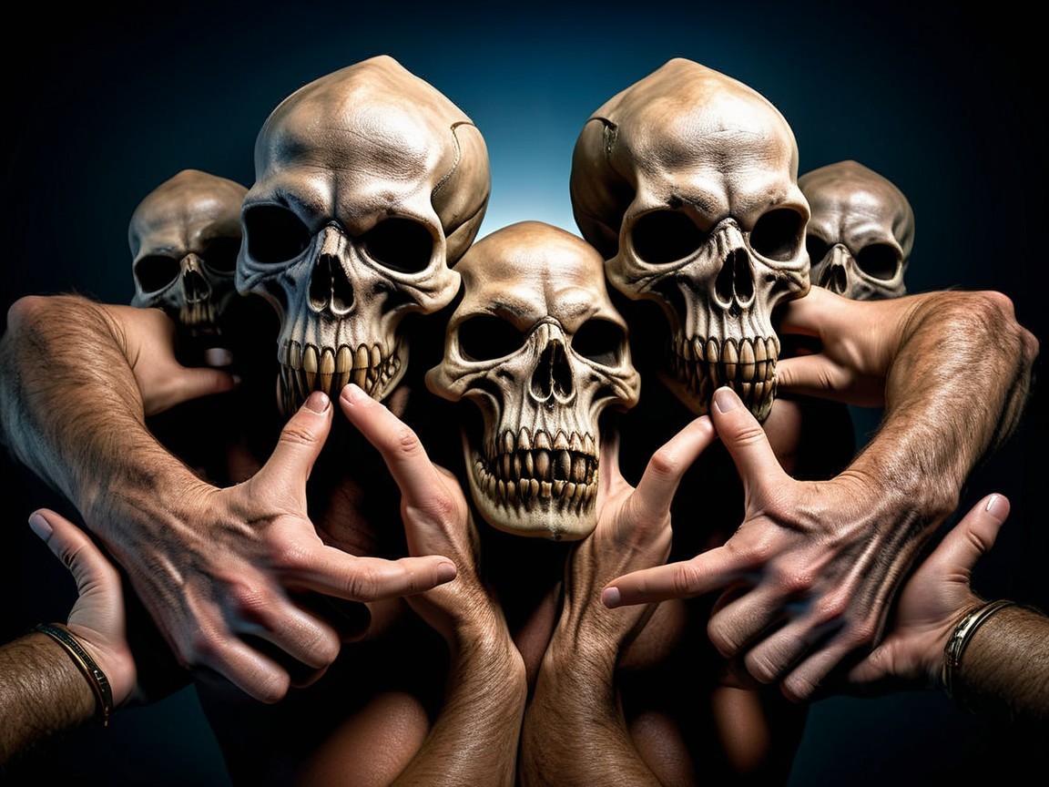 Composition of a figure with skull mask and hands