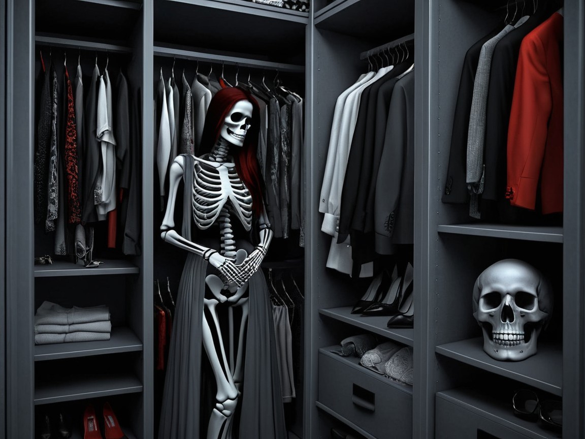 Skeleton Display Among Dark Wardrobe Attire