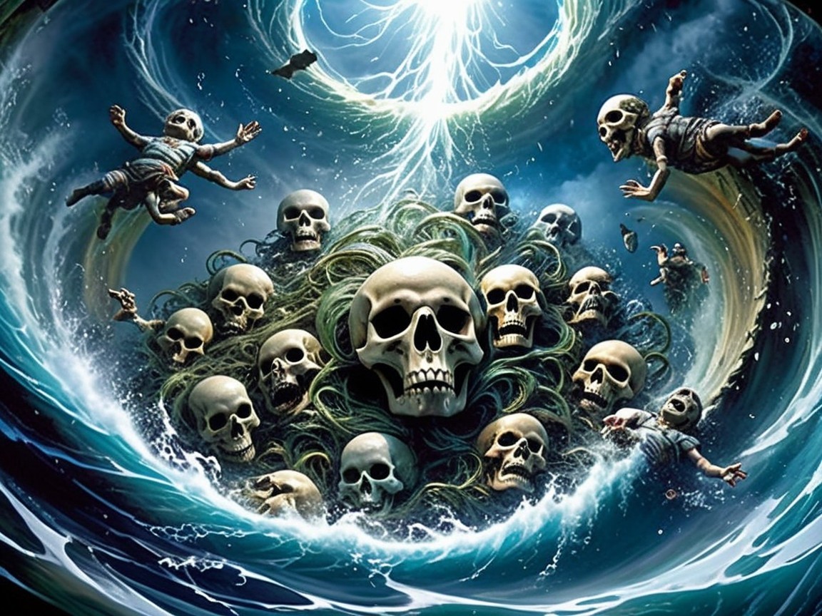Skulls in Turbulent Waves with Stormy Atmosphere