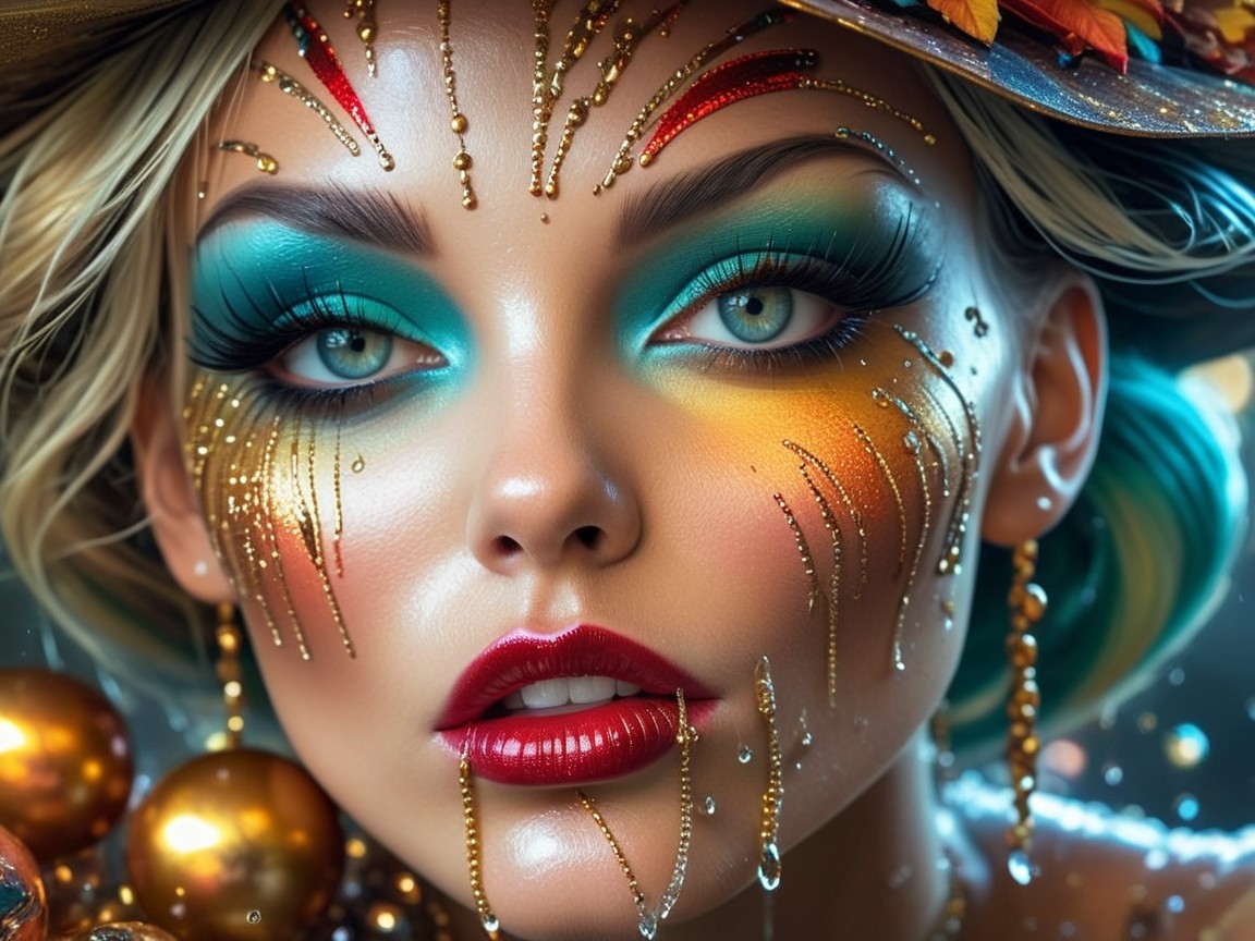 Close-Up of Woman with Vibrant Makeup and Hat