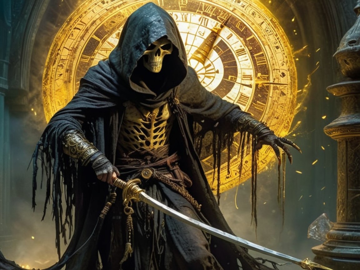 Sinister Cloaked Figure with Skeletal Face and Clock
