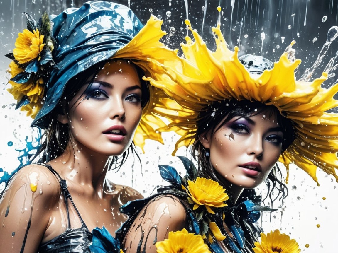 Stylized Women with Sunflower Hats and Water Background
