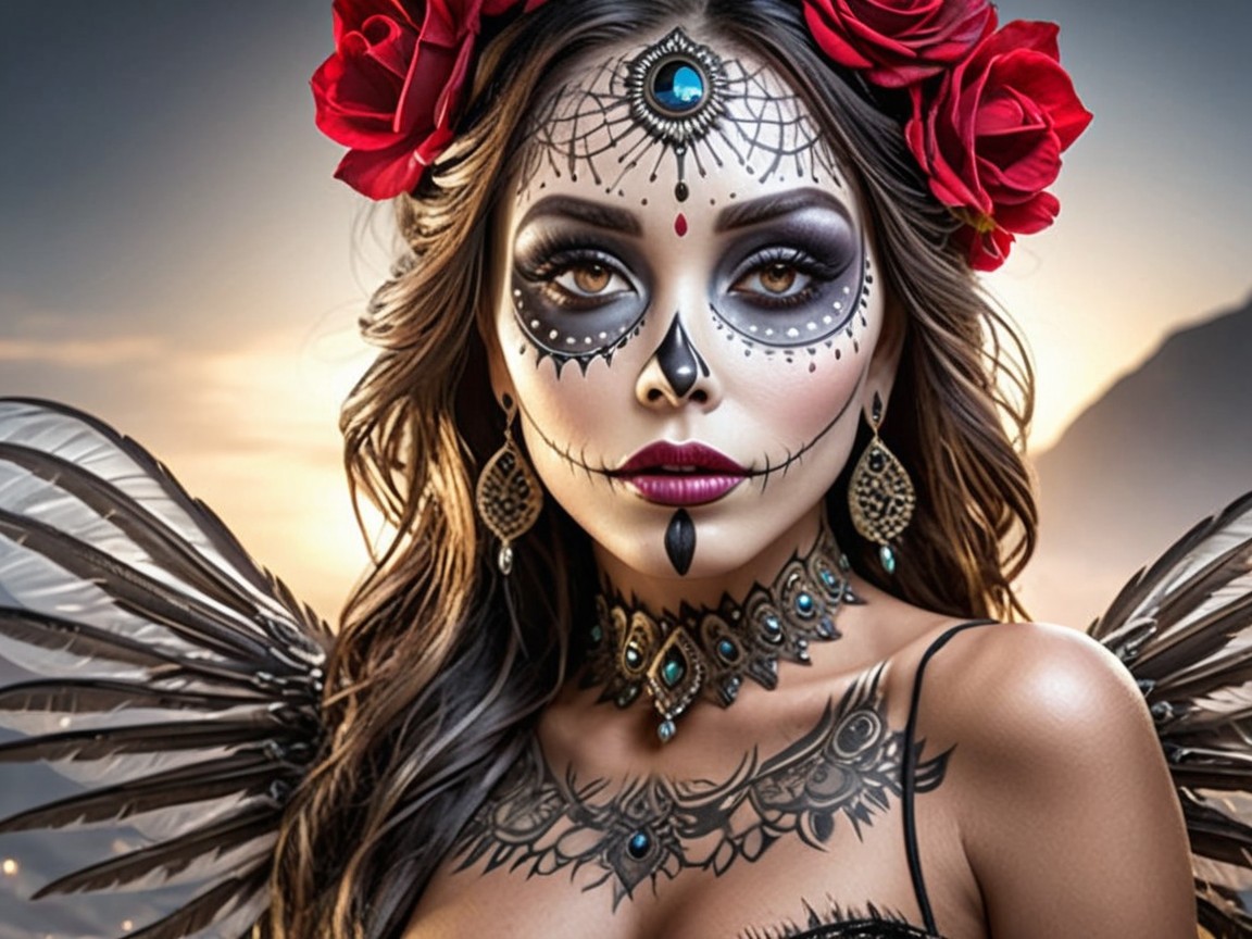 Stunning Woman in Day of the Dead Makeup with Wings
