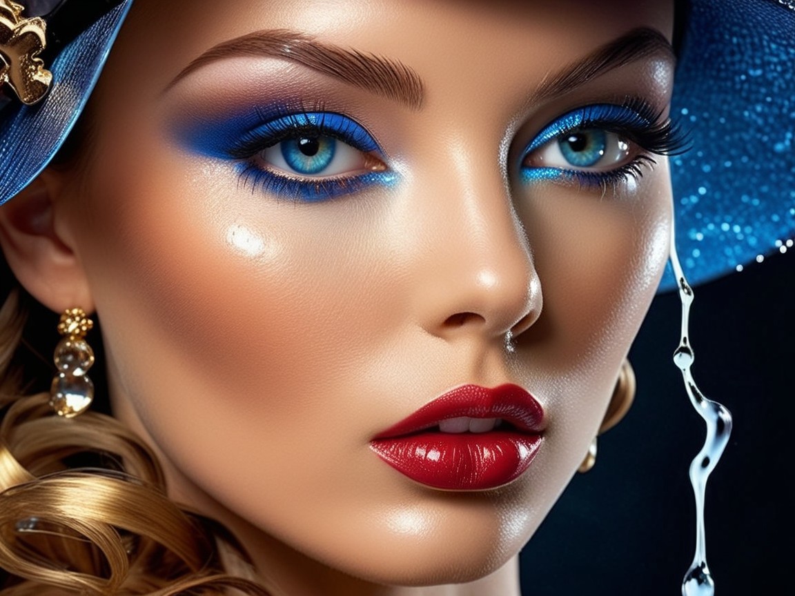 Close-up of a woman with blue eyes and bold makeup