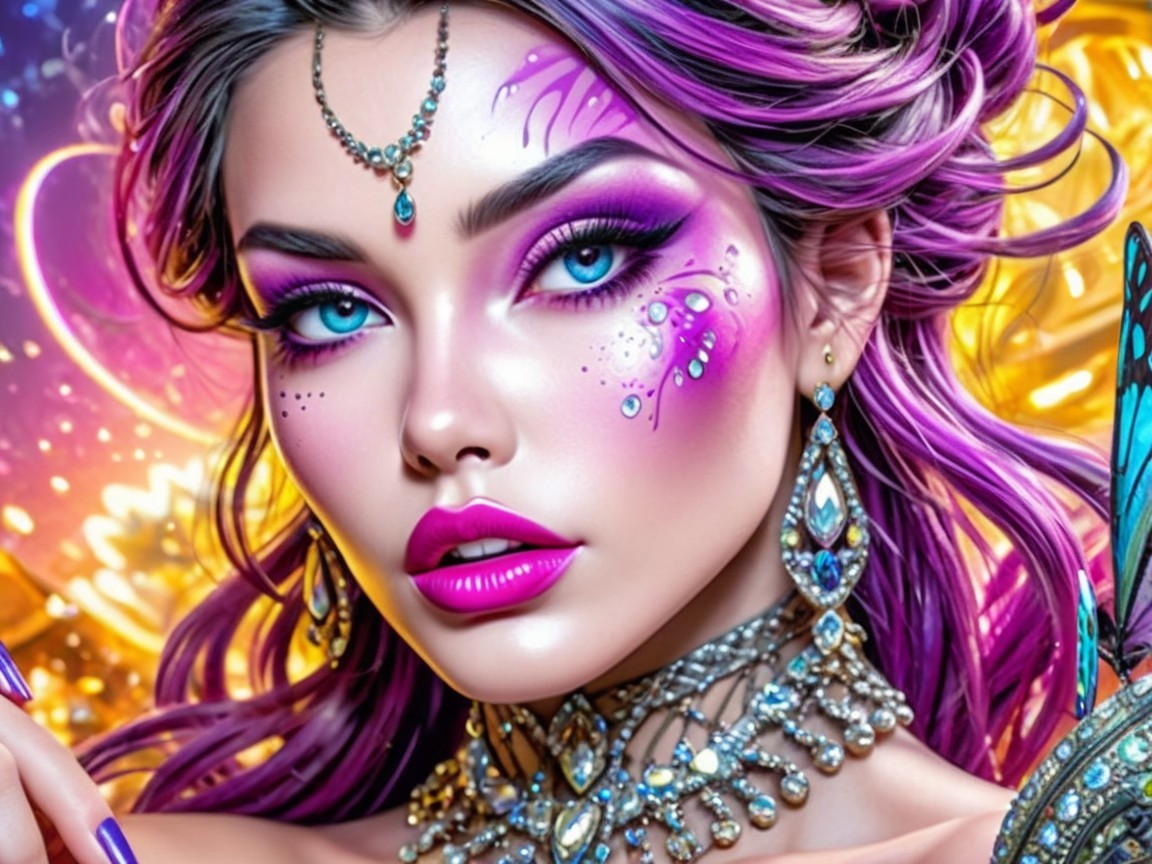 Portrait of a Woman with Purple Hair and Bold Makeup