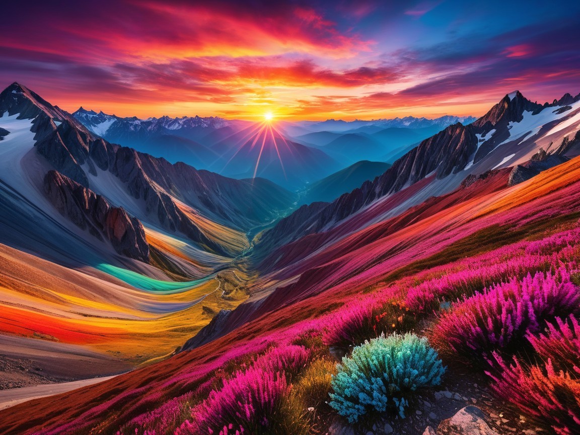 Mountain Landscape at Sunrise with Colorful Flowers