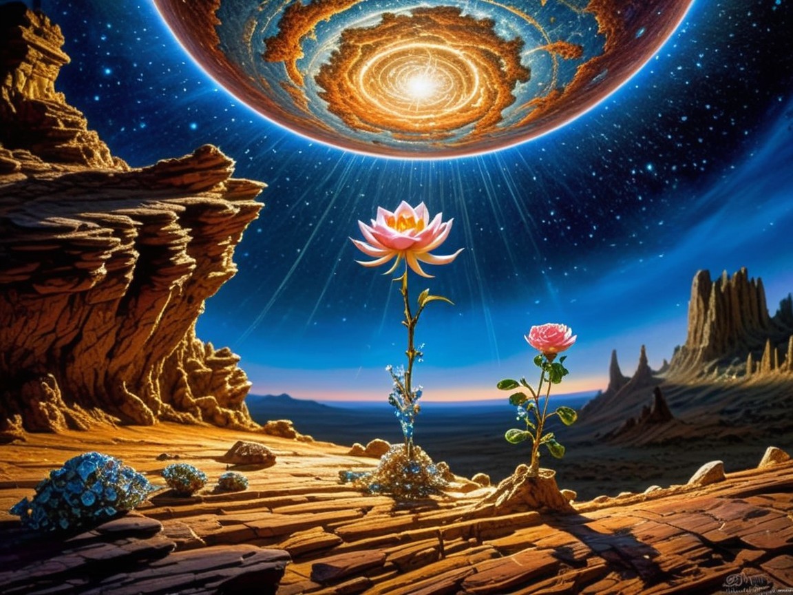 Surreal Landscape with Vibrant Flowers and Cosmic Sky